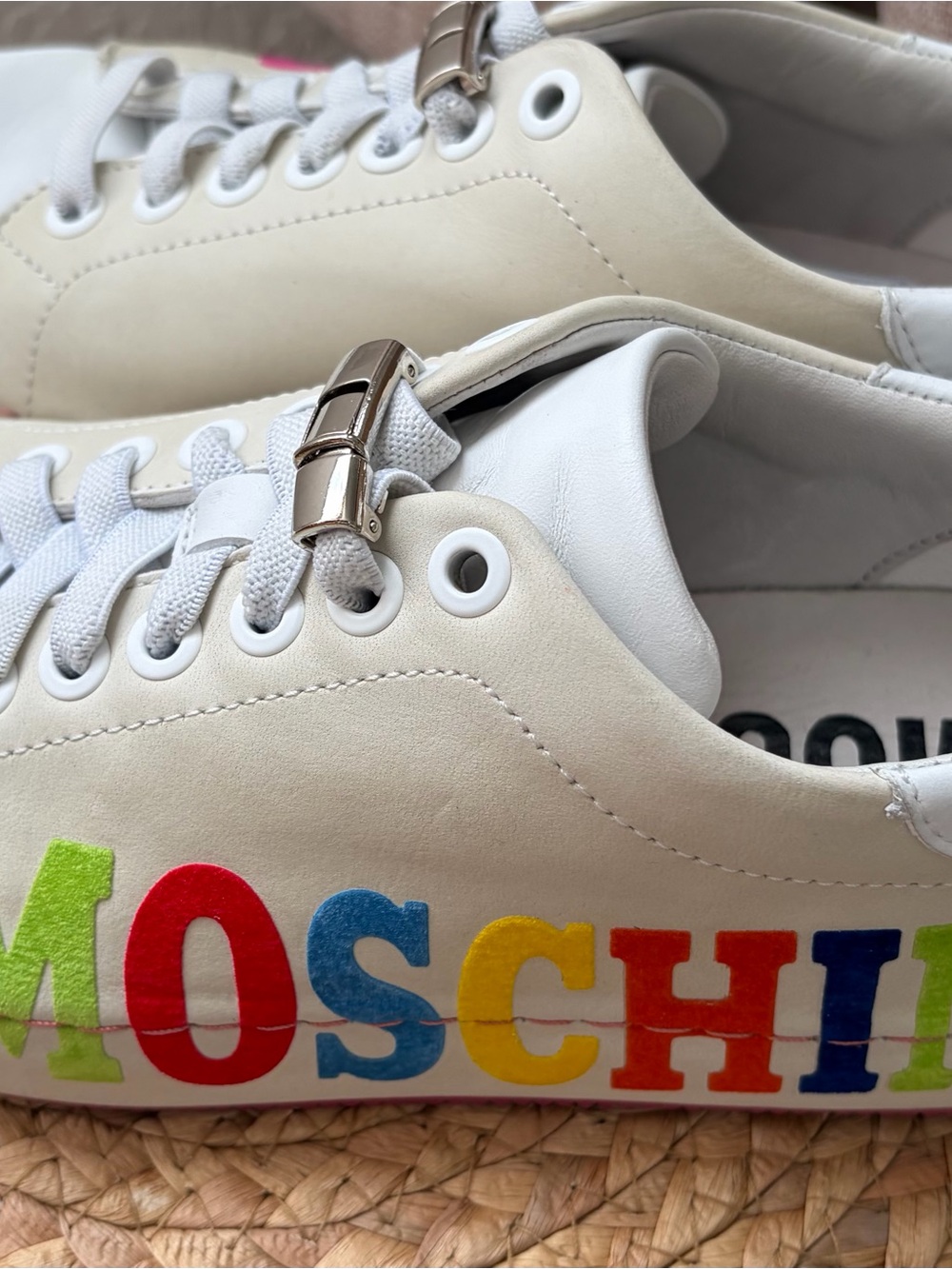 Moschino Kids Cream Leather Sneakers with Multicolor Logo